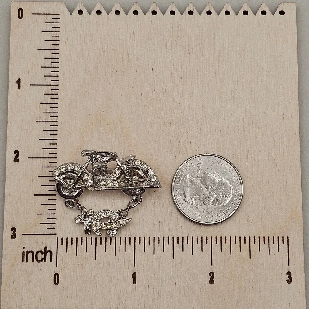 ORA Motorcycle Brooch Pins 2pc Silver Tone Clear Rhinestone Biker Mason Sword
